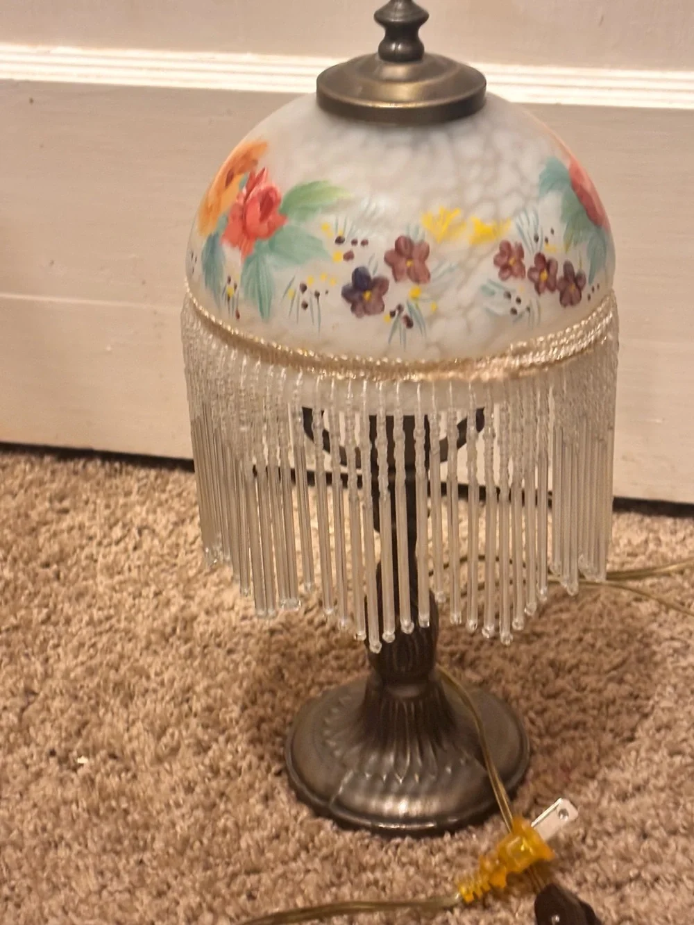 Vintage Hand Painted Floral Beaded Lamp - Bronze Base